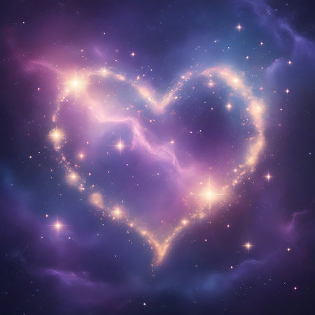 A luminous heart shape formed by glowing cosmic dust and stars is set against a backdrop of deep space. Swirls of purple, pink, and blue nebula clouds are visible, interspersed with bright, twinkling stars and larger, radiant starbursts. The overall impression is one of celestial beauty and cosmic wonder.の素材