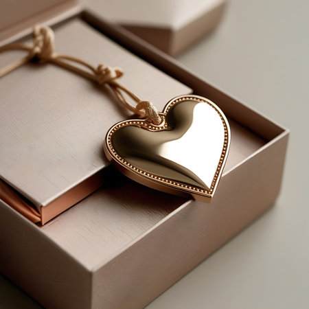 A shiny gold heart pendant, strung on a beige cord necklace with a knotted tie, is placed inside an open rose gold gift box. The box has a subtle embossed pattern and a rose gold interior. The pendant is smooth and highly reflective, showing a bright white highlight. The overall presentation is elegant and sophisticated.の素材