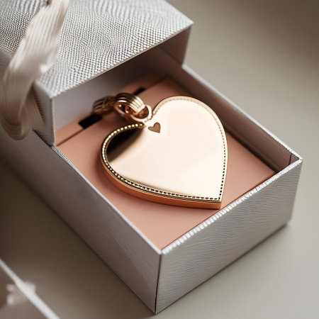 A polished gold heart-shaped pendant, attached to a delicate chain and clasp, rests inside an open silver gift box. The box has a subtle textured pattern and is lined with a peachy-pink insert. A light-colored ribbon is tied to the box lid, which is slightly ajar. The pendant features a small heart cutout at its top.の素材
