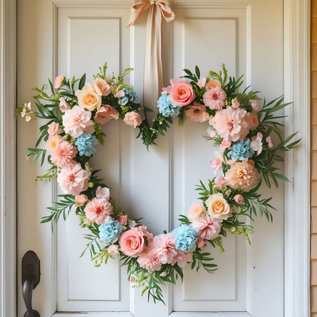 A heart-shaped floral wreath is displayed on a white door, complete with a dark metal door handle visible on the left. The wreath is composed of an assortment of artificial flowers in shades of pink, peach, and light blue, along with abundant green foliage. A light-colored ribbon is tied at the top of the door, suspending the wreath. The composition evokes a sense of warmth and welcome, ideal for seasonal or celebratory home decoration.の素材