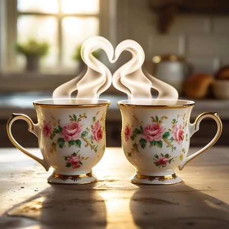 Two beautifully decorated teacups, featuring a classic floral design with pink roses and gilded edges, are placed on a wooden table. The steam rising from the hot beverages intertwines and forms a distinct heart shape, symbolizing romance and shared moments. Warm sunlight illuminates the scene from a window, creating a cozy and inviting atmosphere.の素材