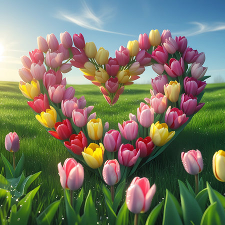 A heart-shaped arrangement of colorful tulips in pink, yellow, and red is showcased in a grassy field. Several individual tulips are in the foreground, some with dew drops on their petals. The background shows a bright blue sky with scattered clouds and the sun casting a warm glow. The composition evokes a sense of spring and romance.の素材