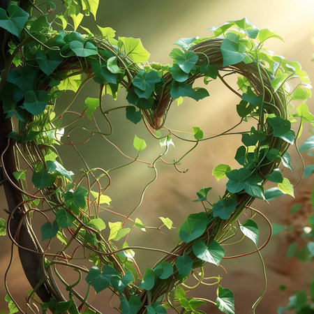 A heart-shaped wreath formed from intertwined green ivy vines and lush leaves is depicted in a natural setting. Sunlight filters through the foliage, creating a soft, ethereal glow and highlighting the intricate details of the vines and leaves. The image conveys a sense of natural love and organic beauty.の素材