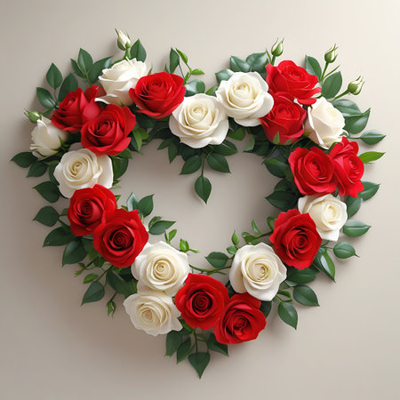 A heart-shaped wreath crafted from numerous red and white roses, accented by abundant green leaves and slender stems. The circular composition forms a complete heart shape, with flowers and foliage filling the space. This decorative floral piece evokes feelings of love and celebration, ideal for romantic occasions.の素材