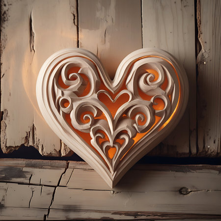 A beautifully carved wooden heart, illuminated from within with a warm orange glow, sits against a backdrop of rustic, weathered wood. The intricate scrollwork and delicate patterns of the heart are highlighted by the internal light, creating a captivating and inviting visual. The textures of both the carved wood and the background are prominent.の素材