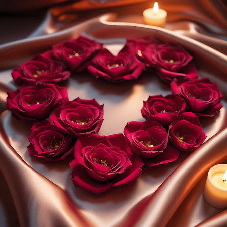 A heart-shaped wreath is meticulously crafted from deep red roses. The arrangement rests on a luxurious, shimmering satin fabric in a warm, peachy hue. Two small candles with soft flames are placed near the wreath, casting a gentle glow and enhancing the romantic and intimate atmosphere.の素材
