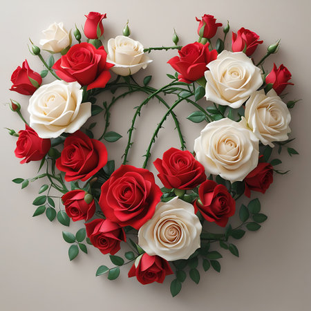 Wreath showing heart-shaped wreath of red and white roses. High resolution image suitable for commercial use. Clear details and vibrant colors enhance visual appeal.の素材
