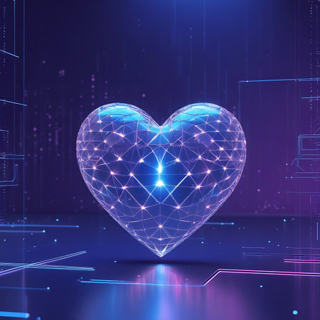 A translucent, wireframe heart shape filled with sparkling points of light glows in the center. The background is a deep blue and purple digital landscape with scattered lights and lines, evoking a sense of advanced technology, data flow, and interconnectedness.の素材