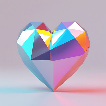 An abstract geometric heart sculpture, crafted from a material that exhibits iridescent properties, is presented against a neutral background. The heart's surface is a mosaic of polygonal facets that capture and reflect a broad spectrum of colors, including pink, purple, blue, yellow, and orange. Soft lighting casts subtle shadows and enhances the luminous quality of the sculpture, emphasizing its modern and artistic design.の素材