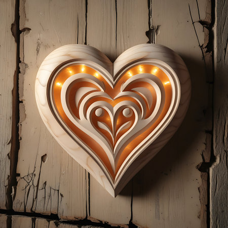 A detailed wooden heart carving is mounted on a rustic, weathered wooden plank background. The heart features a layered, intricate design with warm orange light glowing from within the carved recesses. The wood grain and cracks on the background planks add a textured, vintage feel to the overall composition.の素材