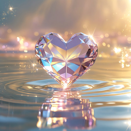 An iridescent, faceted crystal heart gem sits on the surface of gently rippling water. The gem displays a beautiful interplay of pink, blue, and golden light, with its facets catching and reflecting the surrounding illumination. A soft, golden bokeh effect and scattered sparkles create a magical and romantic backdrop.の素材