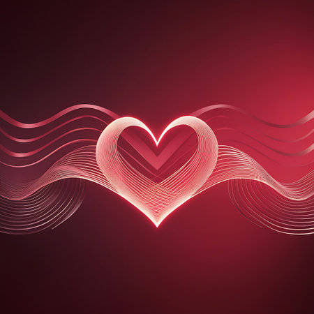 A radiant heart shape, outlined with glowing white and pink lines, is the focal point. It is surrounded by abstract, flowing waves of light in shades of red and pink that ripple outwards against a dark crimson background. The composition conveys a sense of warmth and dynamic emotion.の素材