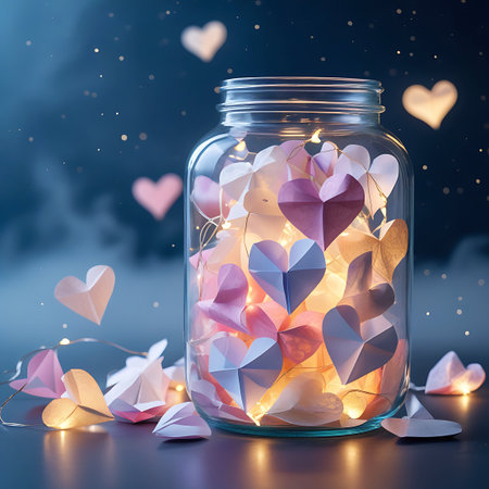 A clear glass jar is filled with a warm glow from fairy lights and numerous folded paper hearts in pastel shades of pink and white. The jar sits on a dark surface, with more heart-shaped lights and paper hearts scattered around it. The background is dark and slightly blurred, with soft bokeh lights adding to the magical and romantic atmosphere.の素材