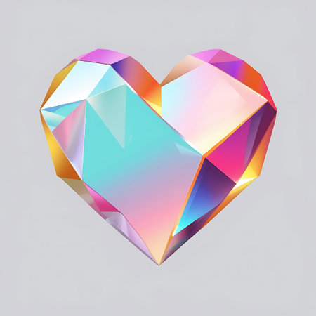 A multifaceted geometric heart-shaped crystal glows with iridescent colors, reflecting a spectrum of pink, blue, yellow, and orange hues. The crystal is rendered in a polygonal style, with sharp edges and flat planes that catch and refract light. It is set against a soft, neutral gradient background, emphasizing its vibrant and luminous appearance. The overall impression is one of modern elegance and symbolic representation of love.の素材