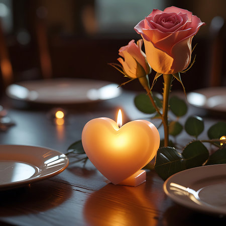 A glowing heart-shaped candle is positioned on a dark wooden table, with a single pink rose and its stem and leaves to its right. The candle's flame casts a warm light, highlighting the soft petals of the rose and the texture of the wood. In the background, blurred place settings with plates suggest a romantic dinner or special gathering.の素材