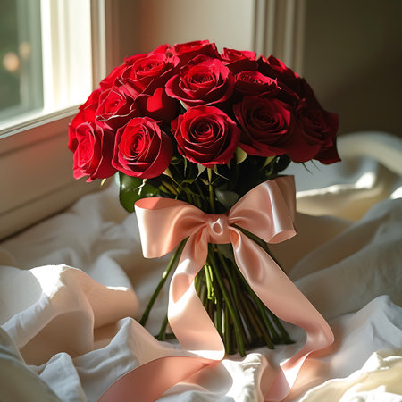 A generous bouquet of deep red roses is tied with a soft pink satin ribbon, forming a prominent bow. The roses display their rich color and velvety texture against the backdrop of flowing white fabric. Natural light from a window illuminates the scene, creating a warm and inviting atmosphere with subtle shadows and highlights.の素材