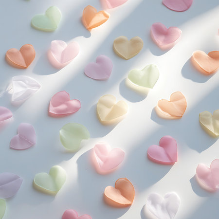 A collection of small, translucent heart shapes in various pastel colors are scattered across a white surface. The lighting is soft and diffused, casting gentle shadows and highlighting the delicate texture of the heart shapes. The arrangement is airy and subtle, creating a romantic and gentle aesthetic.の素材