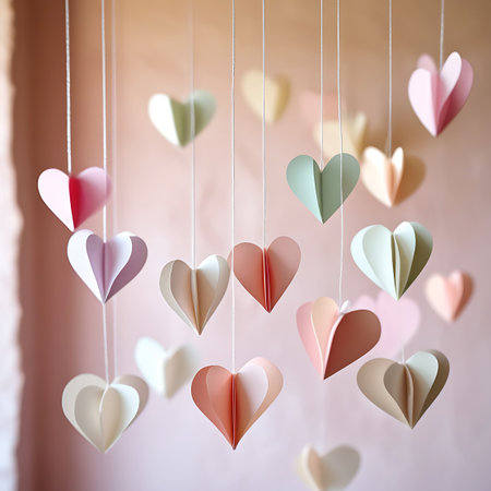 A collection of three-dimensional paper hearts in soft pastel colors like pink, green, cream, and peach are suspended by thin white strings against a soft, blurred pink background. The hearts are arranged at varying heights, creating a whimsical mobile effect. The lighting is soft and diffused, highlighting the delicate folds and gentle colors of the paper hearts.の素材