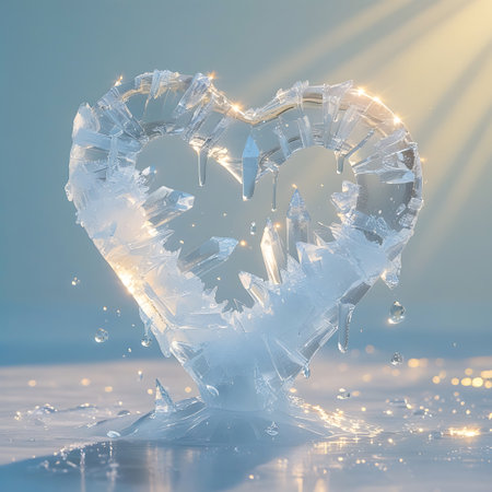 A heart-shaped sculpture made of clear ice is melting, with water droplets and small splashes forming around its base. Golden sun rays pierce through a soft blue background, illuminating the ice and creating sparkling highlights. The intricate crystalline structure of the ice is visible, with sharp edges and internal fractures. The overall mood is one of delicate beauty and transient emotion.の素材