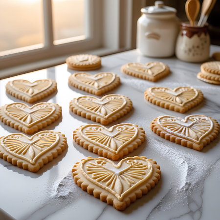 A collection of heart-shaped cookies with elaborate, traditional yellow icing designs is displayed on a white marble countertop. The intricate patterns on each cookie are clearly visible, showcasing detailed swirls and lines. A light dusting of powdered sugar is present, and the background is softly blurred, hinting at a kitchen environment with a window.の素材