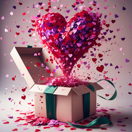 An open cardboard box is the focal point, from which a large, heart-shaped mass of red, pink, and purple confetti is bursting upwards. Numerous smaller heart confetti pieces are dispersed around the box and in the air, creating a sense of energetic celebration. A dark green ribbon is tied around the box. The background is a soft, diffused light.の素材
