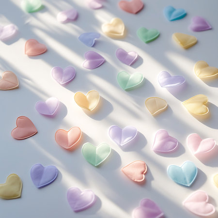 A multitude of small, pastel-colored heart shapes are arranged on a white surface. Sunlight streams across the scene, creating dappled light and diagonal shadows that add visual interest. The hearts are delicate and translucent, with a soft, airy appearance, conveying a romantic and gentle sentiment.の素材