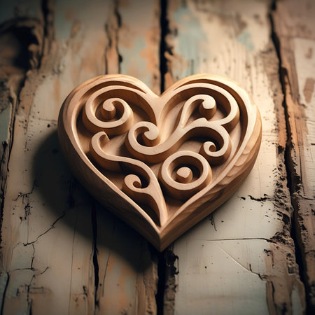 An intricately carved wooden heart with delicate scrollwork and swirling patterns is placed on a background of rustic, weathered wood planks. The texture of the aged wood and the detailed craftsmanship of the heart create a visually rich and tactile image. The natural tones and shadows highlight the artistry.の素材