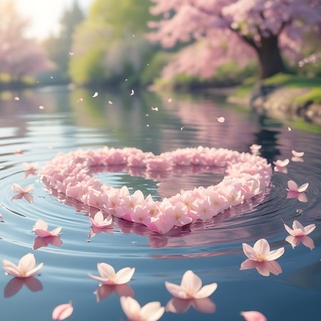 A heart-shaped formation of numerous pink cherry blossoms rests on the surface of blue water, creating soft ripples. Many individual pink petals are floating on the water around the heart and in the foreground. The background is a soft blur of green foliage and pink cherry blossom trees, capturing a peaceful and romantic spring moment.の素材
