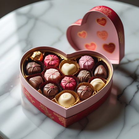 Heart showing pink and red heart shaped chocolate box with assorted chocolates. High resolution image suitable for commercial use. Clear details and vibrant colors enhance visual appeal.の素材