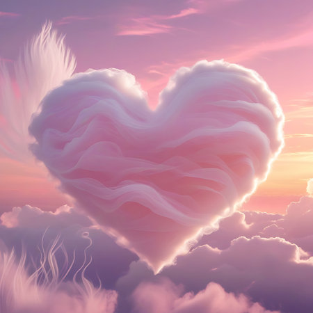 A prominent heart-shaped cloud, tinged with pink and white, drifts in a pastel sky of pinks and purples. Delicate, wispy tendrils extend from the cloud and other formations, adding to the ethereal and dreamlike quality of the scene. The light suggests a soft dawn or dusk.の素材