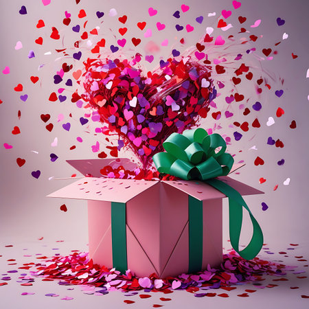 A pink gift box, open and slightly tilted, is the source of a vibrant explosion of heart-shaped confetti. A large heart shape formed by red, pink, and purple confetti erupts from the box, with many smaller confetti pieces scattered in the air and on the surface around it. A dark green ribbon is tied in a large bow on the front of the box. The background is a soft, muted tone.の素材