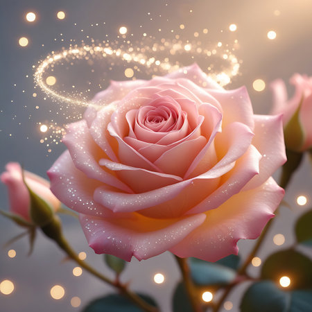 A beautiful pink rose is in full bloom, its soft petals unfurling. Golden light trails, resembling a magical aura or fairy dust, swirl around the flower. Numerous soft, circular bokeh lights are scattered throughout the background, creating a dreamy and enchanting atmosphere.の素材