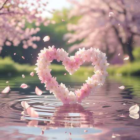A heart-shaped arrangement of pink and white cherry blossoms is positioned in the center of rippling water. Individual petals are scattered across the water's surface and around the floral heart. The background is softly focused, showing trees adorned with pink blossoms and green foliage, evoking a tranquil spring scene.の素材