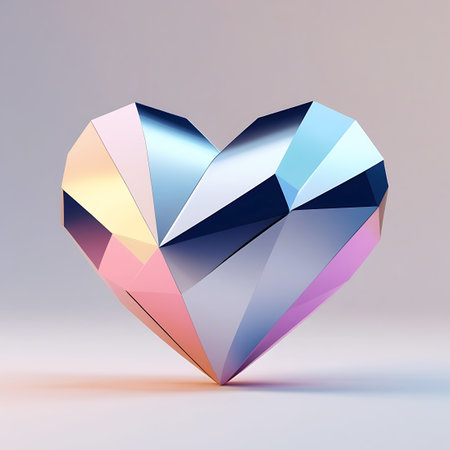 A faceted heart-shaped gemstone with a polished, metallic sheen is presented against a soft, subtle background. The geometric form is composed of numerous polygonal planes, reflecting light in shades of cool blue, soft pink, and warm gold. The crystal's surface appears smooth and reflective, with subtle gradients and highlights that suggest depth and dimension. The overall aesthetic is sophisticated and minimalist, evoking a sense of preciousness and affection.の素材