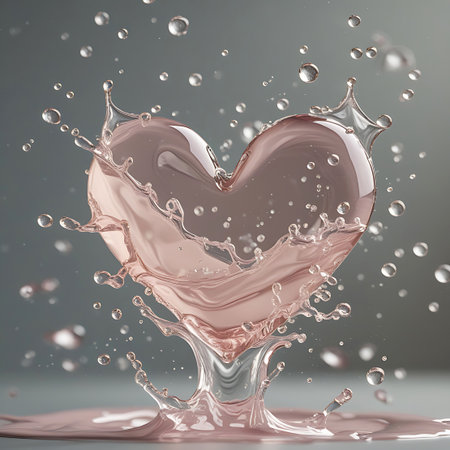 A heart shape is formed by a splash of pink liquid, resembling lotion or serum. The fluid is captured in dynamic motion, with droplets and bubbles suspended around it. Concentric ripples spread across the surface below, and the composition is set against a soft grey background, highlighting the texture and color of the liquid.の素材