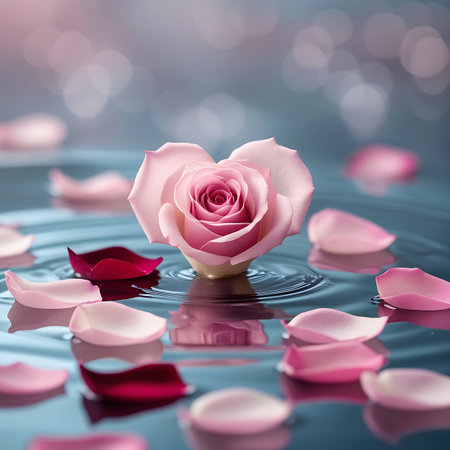 A single pink rose, with petals arranged in a heart shape, floats on the surface of dark blue water. Ripples emanate from the rose, and its reflection is visible below. Pink and deep red petals are scattered on the water's surface around the rose. The background features soft, out-of-focus bokeh lights.の素材