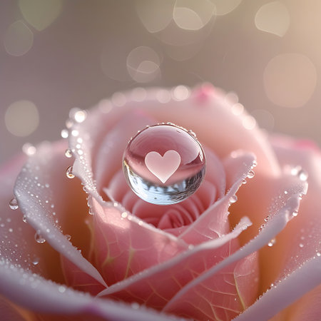 A close-up macro shot of a delicate pink rose in full bloom. Numerous tiny water droplets glisten on the petals, catching the light. Suspended above the center of the rose is a clear, spherical bubble containing a soft pink heart shape. The background is softly blurred with bokeh lights, creating a dreamy and romantic atmosphere.の素材