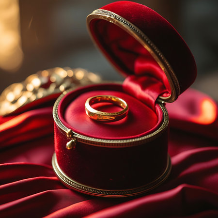 A focused shot of a simple, plain gold ring positioned centrally within an open, richly decorated red velvet ring box. The box sits on a bed of flowing red silk fabric, with soft lighting and shadows enhancing the luxurious feel and the gleam of the gold.の素材