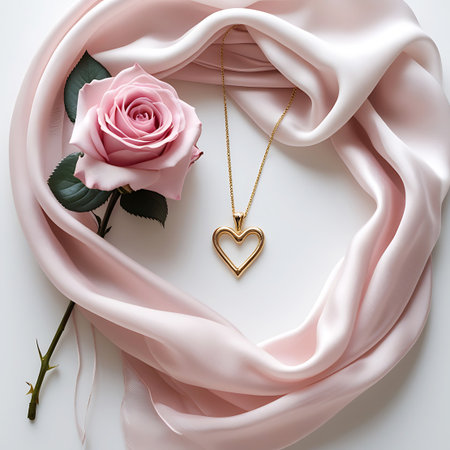 A single pink rose with green leaves lies next to a gold heart-shaped pendant necklace draped on flowing, pale pink silk fabric. The composition is set against a clean white background, emphasizing the elegance and softness of the materials. The silk drapes gracefully, creating a sense of luxury and romance.の素材