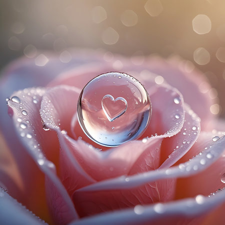 This close-up macro image showcases a soft pink rose covered in tiny, sparkling water droplets. A clear, spherical bubble rests on the rose's petals, and inside it, a delicate heart shape is visible. The background is blurred with a warm bokeh, highlighting the intricate details of the rose and the water.の素材