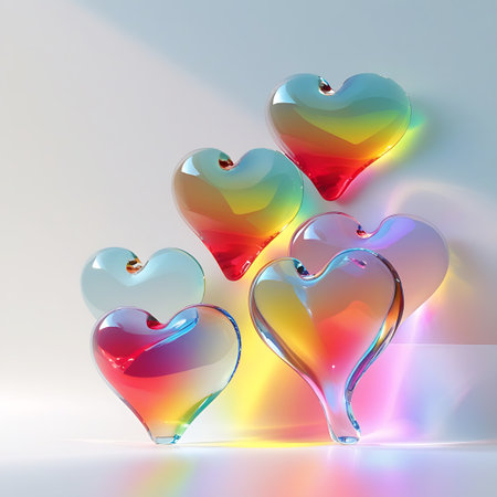 A collection of five translucent glass hearts, each displaying a vibrant rainbow gradient. The hearts are arranged in a scattered composition on a clean white surface, with soft shadows and colorful light refractions casting across the scene. The lighting creates a bright and ethereal atmosphere, highlighting the smooth, polished surfaces of the heart shapes.の素材