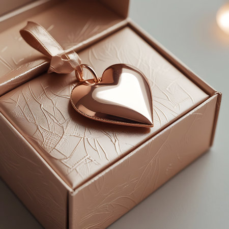 A polished rose gold heart pendant, attached to a satin ribbon tied in a bow, rests on the lid of an open rose gold gift box. The box has a beautiful embossed floral pattern and a satin finish. The pendant is highly reflective, with bright highlights indicating its smooth, metallic surface. The lighting creates a soft, warm glow.の素材