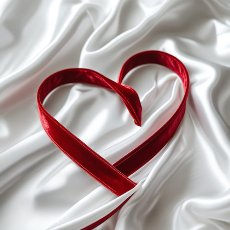 A vibrant red velvet ribbon forms a heart shape, resting on a bed of flowing white silk. The fabric is draped and folded, creating soft shadows and highlights that emphasize its smooth, luxurious texture. The heart is the central focus, with one end of the ribbon extending slightly out of frame.の素材