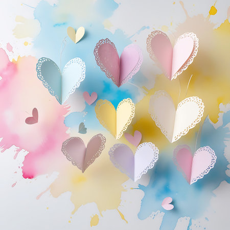 Several pastel paper hearts, many with intricate scalloped edges, are suspended against a white surface. A vibrant and abstract watercolor background featuring splashes and gradients of pink, blue, and yellow provides a lively contrast. The hearts are folded to appear three-dimensional, creating a charming and whimsical decorative display.の素材