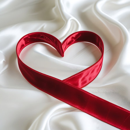 A deep red velvet ribbon is meticulously shaped into a heart on a white satin fabric. The satin is arranged in soft folds and drapes, creating a luminous and elegant backdrop. The heart shape is prominent, with the ribbon's ends extending towards the lower right. The contrast between the velvet and satin textures is visually striking.の素材