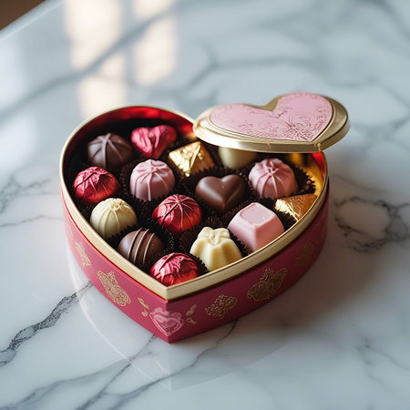 Heart showing red heart shaped chocolate box with assorted chocolates and open lid. High resolution image suitable for commercial use. Clear details and vibrant colors enhance visual appeal.の素材