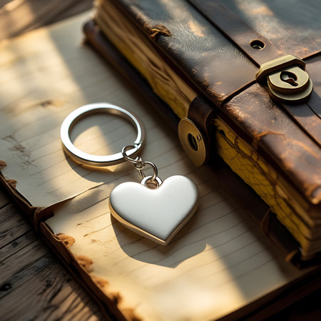 A close-up shot features a shiny silver heart-shaped keychain resting on an open vintage leather-bound journal. The journal's pages are aged and yellowed, with visible handwritten text. Sunlight streams across the scene, casting distinct shadows and highlighting the textures of the leather, paper, and metal. The wooden table surface beneath adds to the rustic and antique feel of the composition.の素材