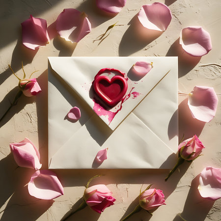 A white envelope is sealed with a vibrant red wax seal in the shape of a heart. Pink rose petals and a few rose buds are scattered around the envelope on a textured, light-colored surface. The scene is illuminated by soft, directional light, casting gentle shadows and highlighting the delicate details of the petals and the embossed heart on the seal.の素材