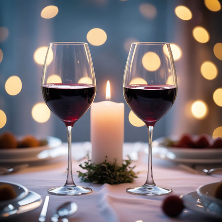 Two elegant wine glasses filled with deep red wine are positioned on a white tablecloth. A tall white candle burns brightly between them, casting a warm glow. The background features a soft bokeh of golden lights, creating a romantic and intimate atmosphere. Plates and cutlery are visible on the table, suggesting a prepared dinner setting.の素材