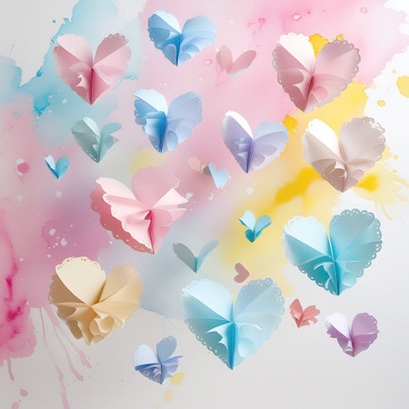 A delightful arrangement of pastel paper hearts, many featuring delicate scalloped edges, are suspended against a white background. Behind them, abstract watercolor splatters in pink, blue, yellow, and hints of purple add a vibrant and artistic touch. The hearts are folded to appear three-dimensional, creating a whimsical and celebratory visual.の素材